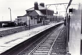 A train pulls through Penistone Station on the Woodhead rail route - 1980