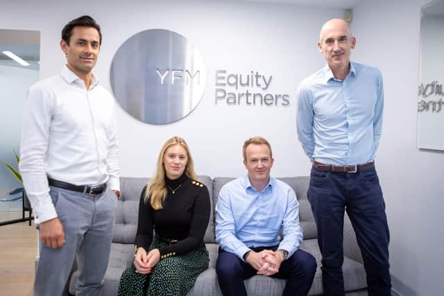 The YMF team comprising (left to right) Roshan Puri, Tiffany Young and Jonathan Marlow with Charlie Ponsonby of Plandek.