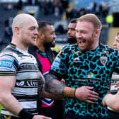 Leigh's Josh Oliver Holmes, is all smiles at full-time, as he talks with beaten Hull FC duo Adam Swift & Brad Fash (Picture: Allan McKenzie/SWPix.com)