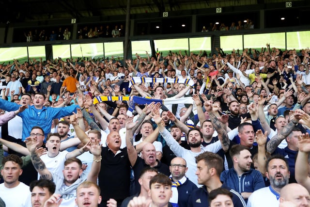 A general view of fans of Leeds United as they react prior to kick off of the Premier League match between Leeds United and Wolverhampton Wanderers at Elland Road on August 6.