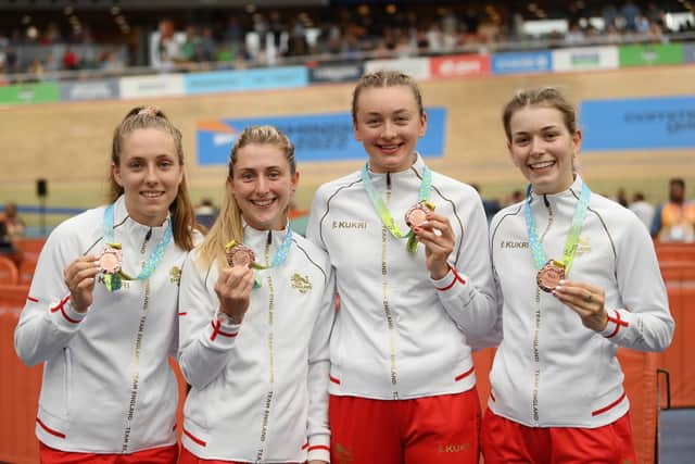 Maddie Leech, second right, with Laura Kenny second left, and Josie Knight and Sophie Lewis after winning Commonwealth Games bronze (Picture: SWPix.com)