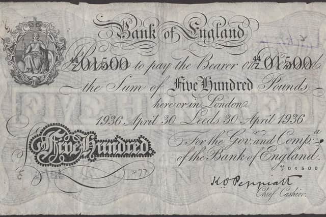 Rare £500 note from the Bank of England branch in Leeds. (Pic credit: Noonans)