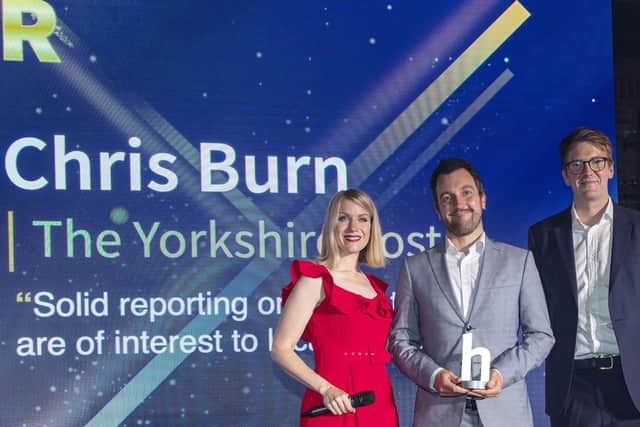 For the second year in a row, judges agreed Chris Burn of The Yorkshire Post (pictured centre) should take home this trophy, praising Chris for an “impressive breadth of reporting” and his firm ability to “demonstrate solid reporting on topics that are of interest to local people”. (Photo supplied on behalf of Headlinemoney Awards)