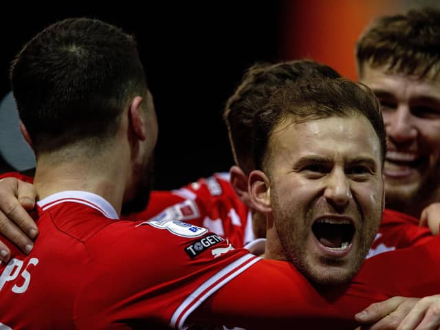 Herbie Kane celebrates scoring Barnsley's second goal from the spot in the League One home game against Carlisle United in January. Picture: Bruce Rollinson.