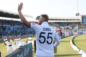 Ben Stokes salutes the crowd after leading England to a 2-0 series victory in Pakistan, their eighth win in nine Tests under his inspirational captaincy. Photo by Matthew Lewis/Getty Images.