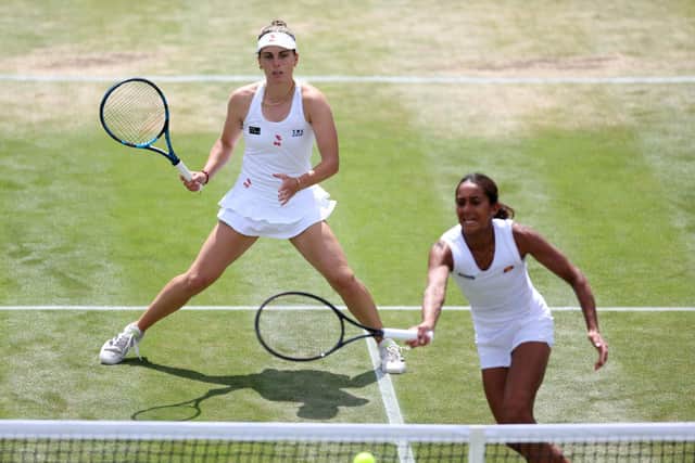 Maia Lumsden and Naiktha Bains (right) were beaten in the Wimbledon ladies doubles quarter-final (Picture: PA)