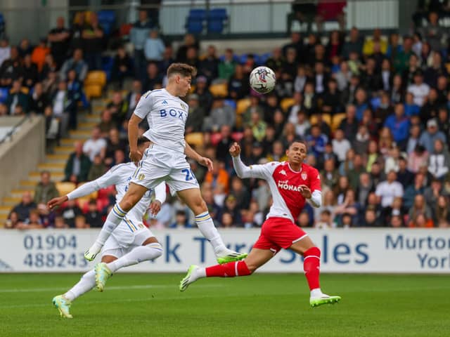 Dan James sees an effort fly off target for Leeds United in their friendly against Monaco at York City. Picture courtesy of Leeds United AFC.