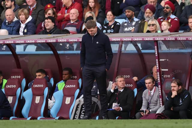 BIRMINGHAM, ENGLAND - OCTOBER 16: Steven Gerrard, Manager of Aston Villa reacts during the Premier League match between Aston Villa and Chelsea FC at Villa Park on October 16, 2022 in Birmingham, England. (Photo by Ryan Pierse/Getty Images)