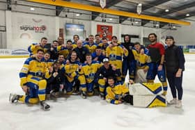 SIMPLY THE BEST: Leeds Knights celebrate winning the NIHL National regular season title after a 4-2 win at Telford Tigers.