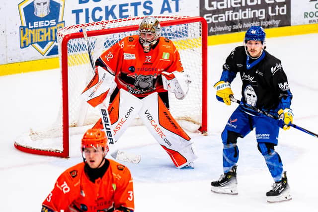IN THE THICK OF IT: Sheffield Steeldogs' netminder Alex Oldale in action against Leeds Knights last season. Picture: Kev Bland/Knights Media