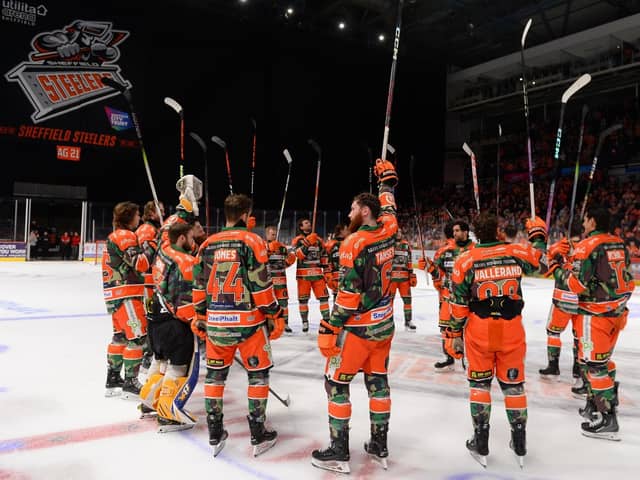 TRIBUTE: Sheffield Steelers' players acknowledge the 8,500-plus crowd at the Utilita Arena following an emotional return to home ice. Picture courtesy of Dean Woolley/Steelers Media.