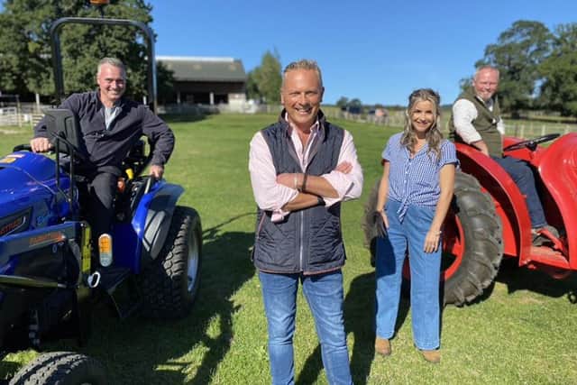 Jules Hudson and Helen Skelton with Rob and Dave Nicholson on tractors. (Pic credit: Channel 5)