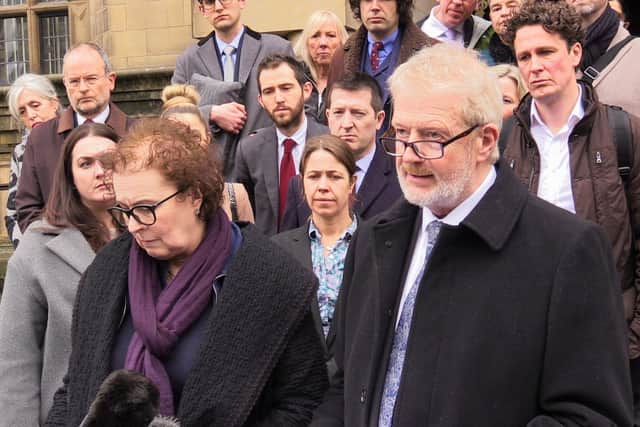 Liz and Charles Ritchie speaking on the steps of Sheffield Town Hall following the conclusion of the inquest into the death of their son, Jack Ritchie, a teacher who killed himself after battling a gambling addiction. (Photo credit: Dave Higgens/PA Wire)