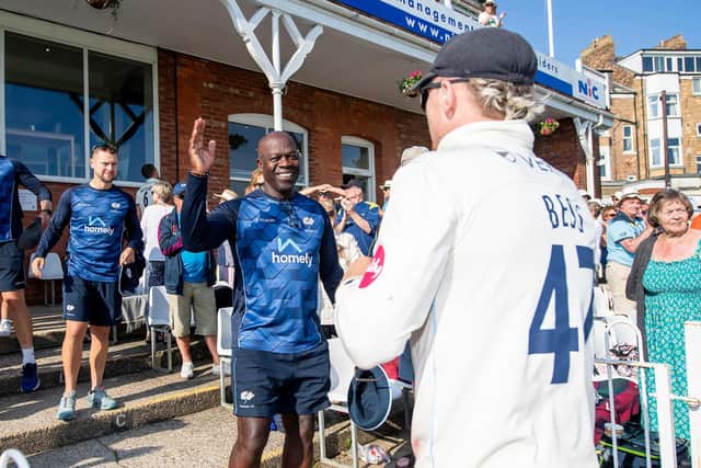Ottis Gibson congratulates his players after victory at North Marine Road. Picture by Allan McKenzie/SWpix.com