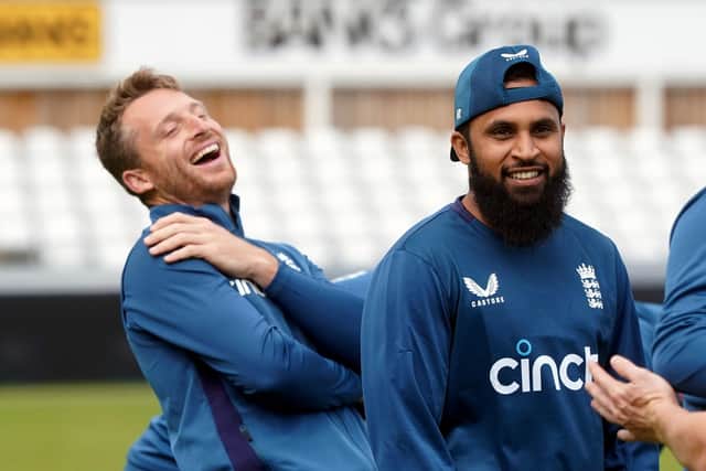 RELAXED: England's Jos Buttler (left) and Adil Rashid (centre) during Tuesday's nets session at the Riverside. Picture: Owen Humphreys/PA