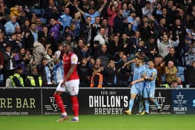 COVENTRY, ENGLAND - OCTOBER 25: Viktor Gyokeres of Coventry City celebrates after scoring during the Sky Bet Championship between Coventry City and Rotherham United at The Coventry Building Society Arena on October 25, 2022 in Coventry, England. (Photo by Catherine Ivill/Getty Images)