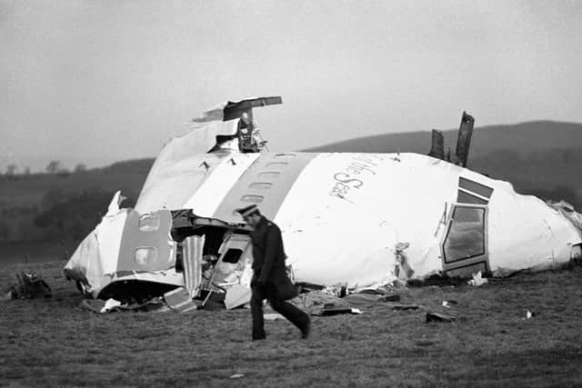 The wrecked nose section of the Pan-Am Boeing 747 in a Scottish field at Lockerbie, near Dumfries, in December 1988 after the plane, which had been travelling from Frankfurt to Detroit, was blown apart by a terrorist bomb. Credit: PA/PA Wire.
