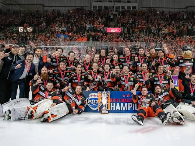 CHAMPIONS: Sheffield Steelers celebrate winning the Challenge Cup against Guildford Flames