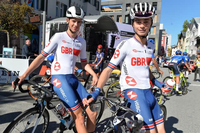 Sam Watson, left, ahead of the 2018 UCI World Cycling Championships junior men's race with British team-mate and fellow Yorkshireman Mason Hollyman at the start in Kufstein. (Picture: Bruce Rollinson)