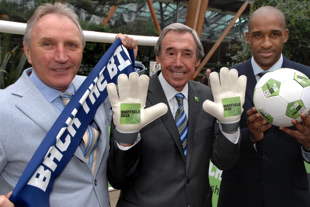 World Cup-winning goalkeeper Gordon Banks helping to launch the Sheffield bid for the 2018 FIFA world Cup with (left) Howard Wilkinson, former player and manager; and Sheffield United legend Brian Deane.