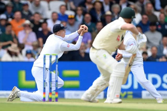 A dream start for England as Zak Crawley catches David Warner off the bowling of Stuart Broad off the fifth delivery of the Headingley Test. Photo by Stu Forster/Getty Images.