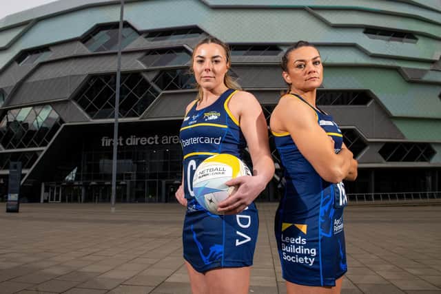The Leeds Rhinos Netball captain Nia Jones, right, and Vice Captain Elle McDonald, left, at the First Direct Arena where they will be playing one game this season (Picture: Bruce Rollinson)
