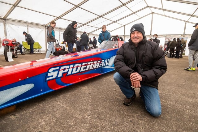 Julian Webb, of Rothwell, Leeds, at Elvington Airfield, owner/driver of the Spiderman - Jet Powered Dragster, 28ft long with a speed of over 300mph from a 14 mile standing start and 0-60 in 5 seconds.