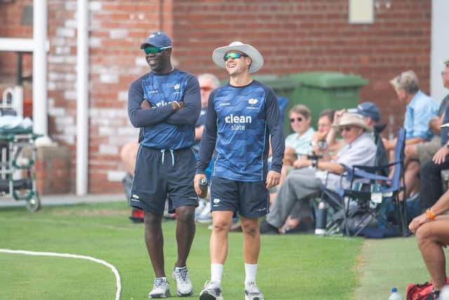 Yorkshire's head coach Ottis Gibson, seen taking a stroll around the boundary at Scarborough last month with batting coach Ali Maiden, is looking forward to watching the World Cup as he recuperates from knee surgery. Picture by Allan McKenzie/SWpix.com