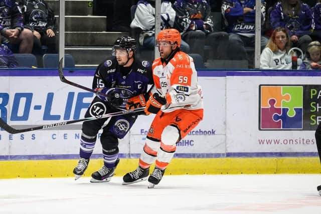 MAKE IT COUNT: Sheffield Steelers' Macoy Erkamps, right, in action during the 6-1 win at Glasgow Clan last month. Picture: Al Goold'EIHL Media.