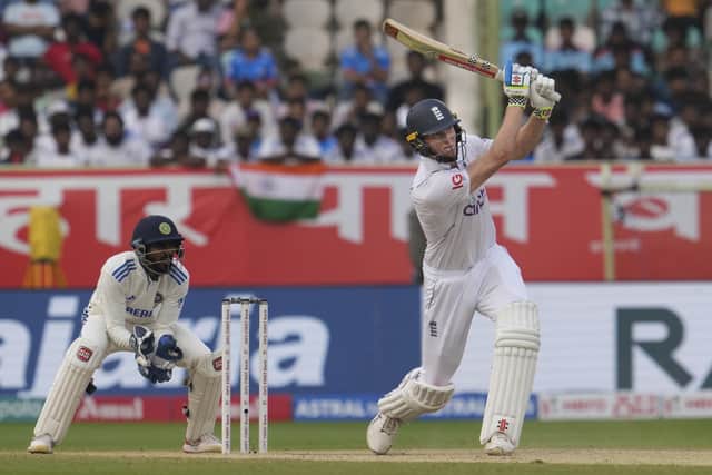 HAVE IT: England's Zak Crawley hits a six on the third day against India in Visakhapatnam Picture: AP/Manish Swarup