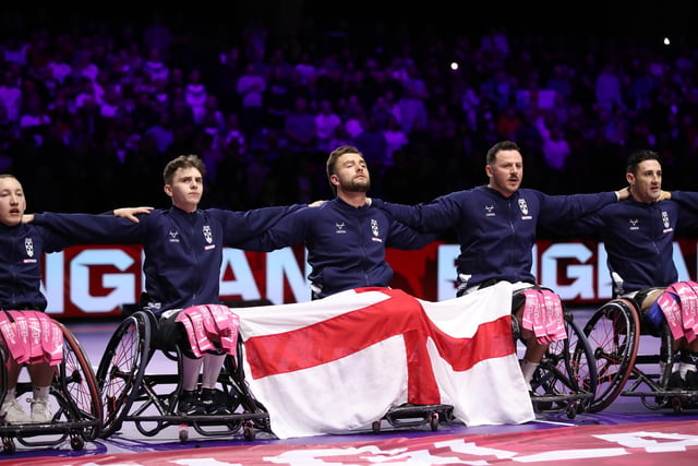 MANCHESTER, ENGLAND - NOVEMBER 18: Players of England look on during the National Anthems ahead of the Wheelchair Rugby League World Cup Final match between France and England at Manchester Central on November 18, 2022 in Manchester, England. (Photo by Jan Kruger/Getty Images for RLWC)