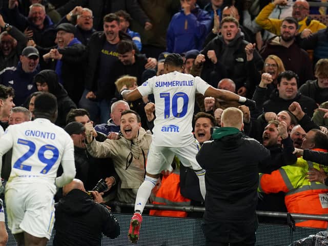 Leeds United's Crysencio Summerville celebrates scoring their side's fourth goal of the game at Middlesbrough. Photo: Owen Humphreys/PA Wire.