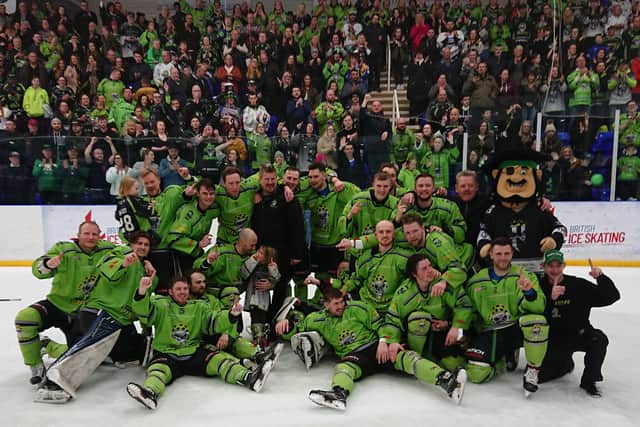 DERBY DAYS: Hull Pirates - including Jason Hewitt and Matty Davies - celebrate winning the North One play-off title at Sheffield Steeldogs back in 2019.