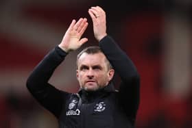 STOKE ON TRENT, ENGLAND - NOVEMBER 08: Nathan Jones manager of Luton applauds the fans following the Sky Bet Championship between Stoke City and Luton Town at Bet365 Stadium on November 08, 2022 in Stoke on Trent, England. (Photo by Nathan Stirk/Getty Images) (Photo by Nathan Stirk/Getty Images)