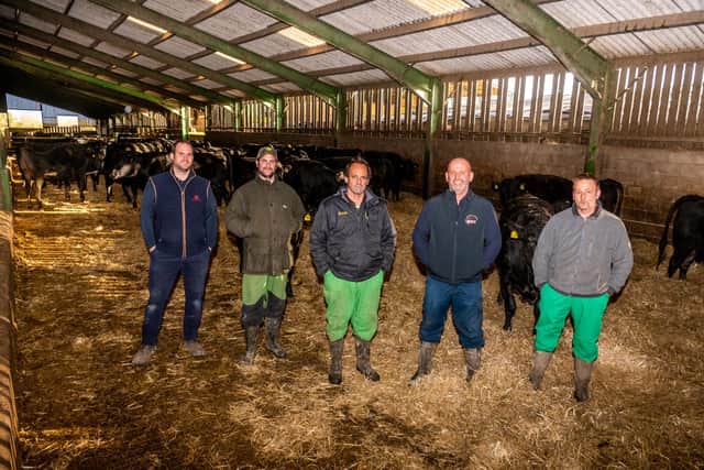 Farmers Russell and Daniel Thompson, sons of Ian Thompson, (centre) next to brothers Roy, and Keith Thompson at Scurf Dyke Farm, Hutton Cranswick, Driffield.