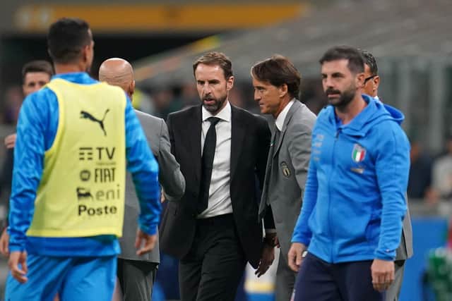 England manager Gareth Southgate (centre) shakes hands with Italy counterpart Roberto Mancini after defeat in his side's Nations League defeat in Milan Picture: Nick Potts/PA