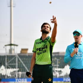 Shaheen Shah Afridi and Harry Brook at the toss in Rawalpindi. Photo by Sameer Ali/Getty Images
