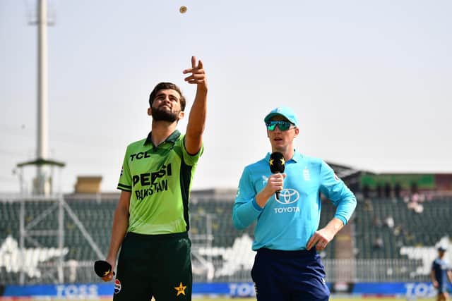 Shaheen Shah Afridi and Harry Brook at the toss in Rawalpindi. Photo by Sameer Ali/Getty Images