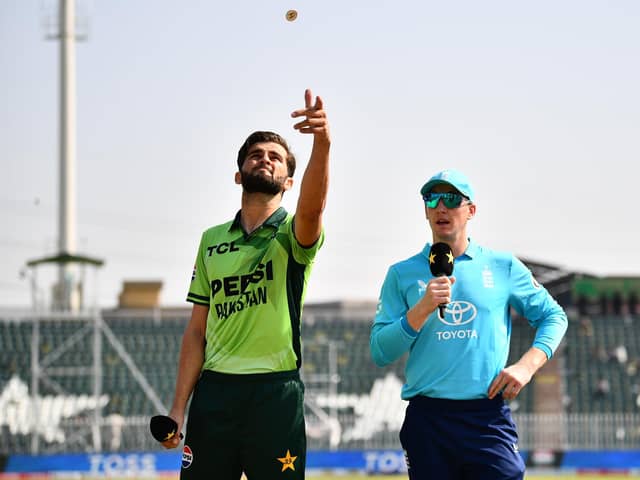 Shaheen Shah Afridi and Harry Brook at the toss in Rawalpindi. Photo by Sameer Ali/Getty Images