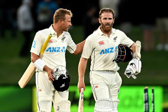 Neil Wagner, left, celebrates with former Yorkshire batsman Kane Williamson a thrilling victory for New Zealand in the first Test against Sri Lanka at Christchurch earlier this month. Photo by Joe Allison/Getty Images.