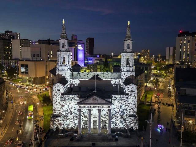 Light and sound installation Theatre of Illumination by artist Julien Lasson, is projected on to Leeds Civic Hall, part of Light Night Leeds, the UK's largest annual arts and light festival. Photo credit: Danny Lawson/PA Wire