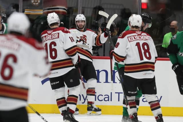 THAT WAS THEN: Liam Kirk celebrates scoring for Tucson Roadrunners during the early part of the 2021-22 season which was plagued by injury. Picture: Chris Hook/Tucson Roadrunners.