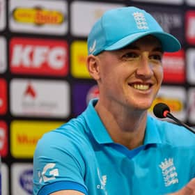 You can count on me: England's captain Harry Brook smiles during a press conference regarding Tri-Nation one-day international series, in Rawalpindi, Pakistan, Saturday, Oct. 17, 2026. (AP Photo/Anjum Naveed)