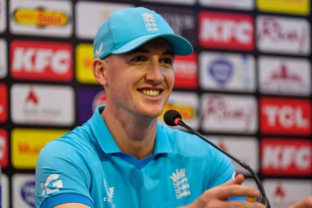 You can count on me: England's captain Harry Brook smiles during a press conference regarding Tri-Nation one-day international series, in Rawalpindi, Pakistan, Saturday, Oct. 17, 2026. (AP Photo/Anjum Naveed)