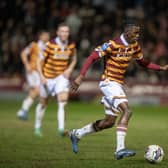 Bradford City's Clarke Oduor in action in the recent EFL Trophy semi-final against Wycombe Wanderers. Picture: Tony Johnson.