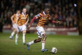 Bradford City's Clarke Oduor in action in the recent EFL Trophy semi-final against Wycombe Wanderers. Picture: Tony Johnson.