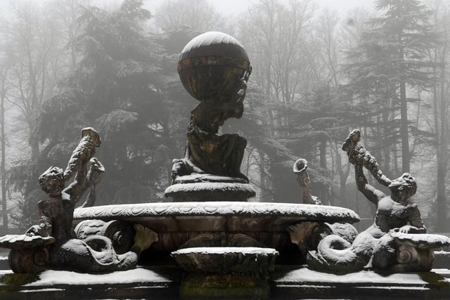 The Atlas fountain at Castle Howard pictured in the snow during the freeze.