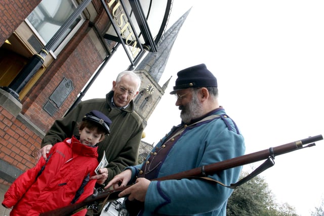 American Civil War reenactors are at the Chesterfield Museum as part of the Arts and Market Festival. Philip Clark URC 19th Indiana American Civil War Society with 7 year old Adam forsyth and Grandad Ian Forsyth back in 2011