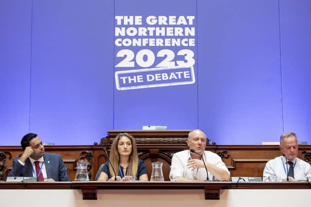 The Great Northern Conference 2023 - Bradford City Hall, Bradford, England - A general view of the Skill Pledge Plenary with the panel of Professor Kieran Fernandes, Sharon Lane, Darren Hankey & Andy Sharples.