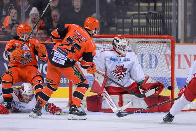 GREAT LEVELLER: Robert Dowd scores a third-period equaliser for Sheffield Steelers, but it couldn't prevent a 3-2 home defeat to the Cardiff Devils. Picture: Dean Woolley/EIHL.